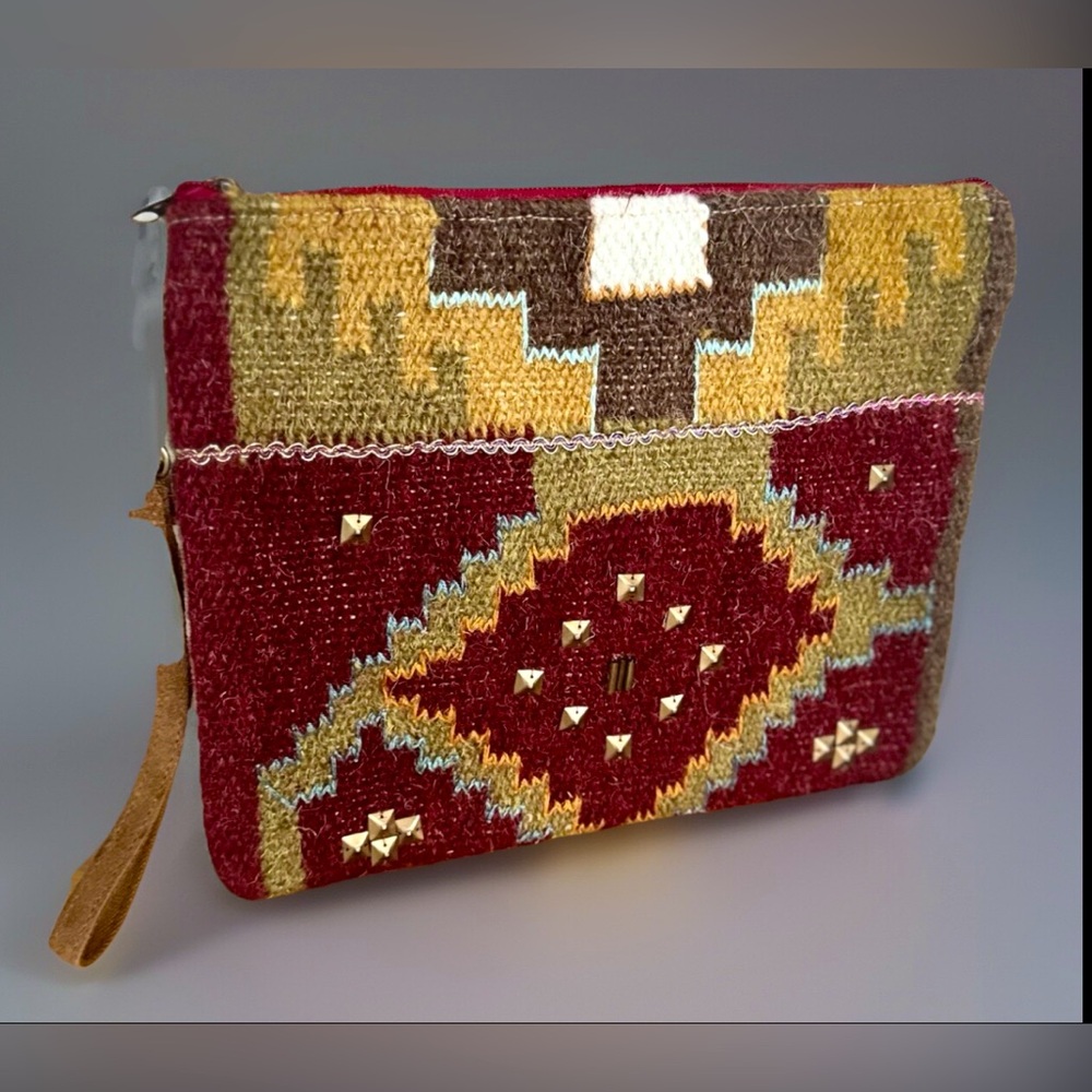A&P Denim Wool Kilim Clutch Burgundy Yellow Gold Boho Wrist Strap 11” X 9”X 1.5”
